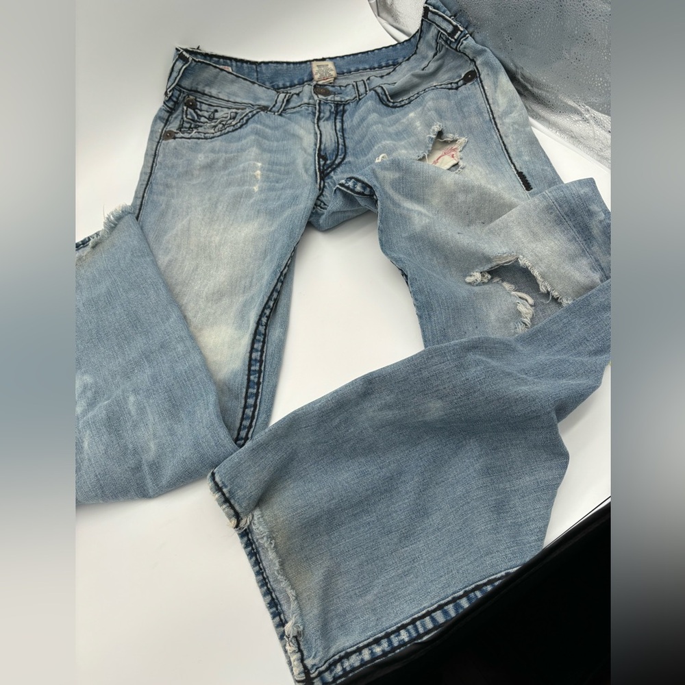 True Religion Mens Ricky Super T Black Rope Stitch Light Wash Distressed Jean 38